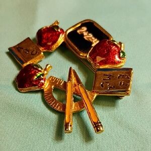 Vintage Red and Gold Teacher Enamel Brooch